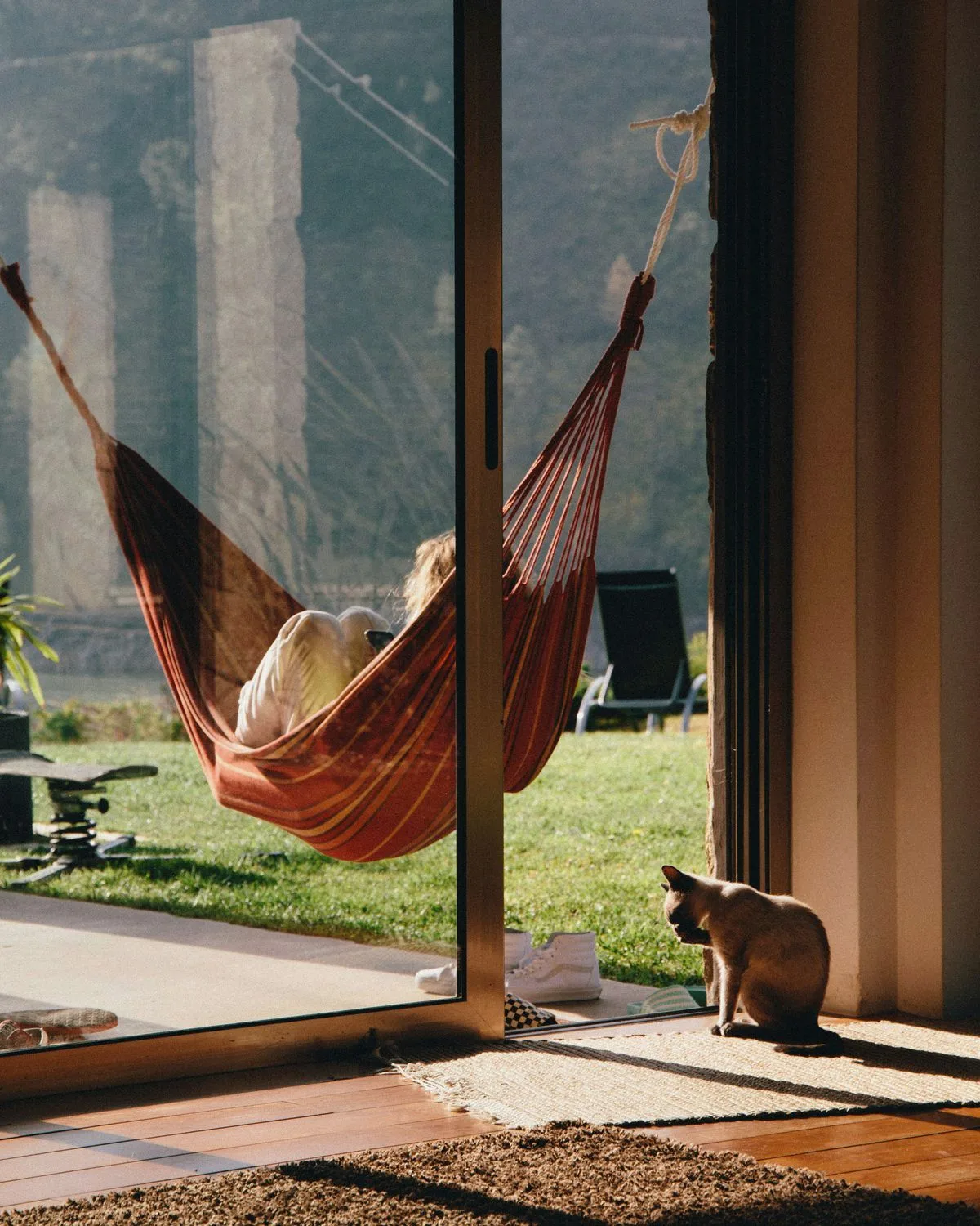 A hammock on the grass seen from inside the house through open glass doors, a cat in the doorway