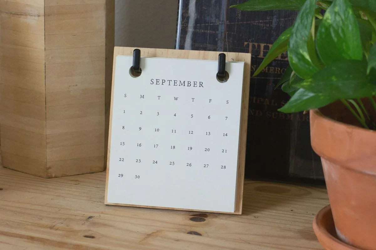 Tischkalender an der Wand neben einer Topfpflanze